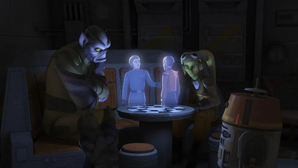 Chopper, Hera et Zeb devant une holotransmission d'Alton Kastle face à Gall Trayvis