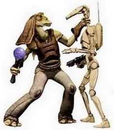 Un Gungan face à un Droïde de Combat B1. 