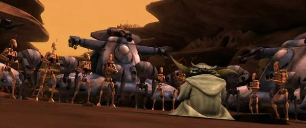 Eléments de l’infanterie de la CSI face à Yoda sur Rugosa.