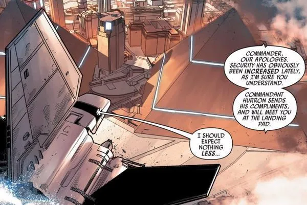Le Commandant Luke Skywalker et le Lieutenant Shara Bey en approche de la Base Impériale de Vetine