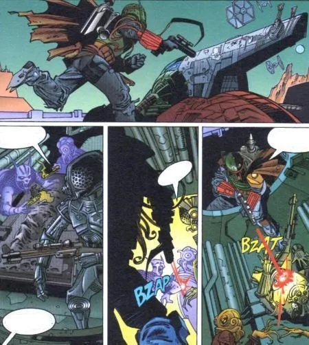 Boba Fett surprend 4-LOM dans la soute du Slave I