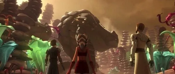 Skywalker, Tano et Kenobi face à un Rancor de la Jungle sur la planète Felucia.