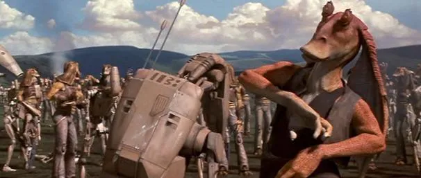 Jar-Jar Binks face au Droïde de Combat 1138