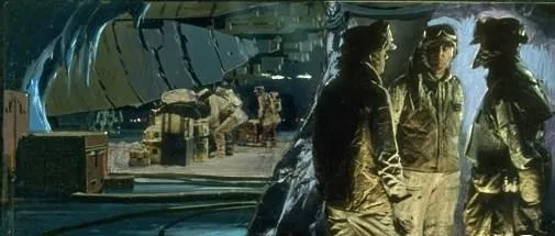 Officiers discutant de l'évacuation au hangar Sud