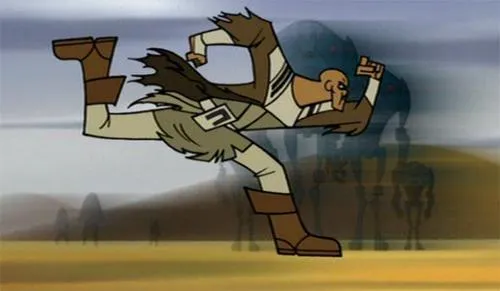 Mace Windu utilise la célérité pour attaquer un Tank Sismique