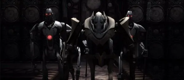 Le Général Grievous, dans sa forteresse, avec des droïdes de type IG-100 MagnaGuard.