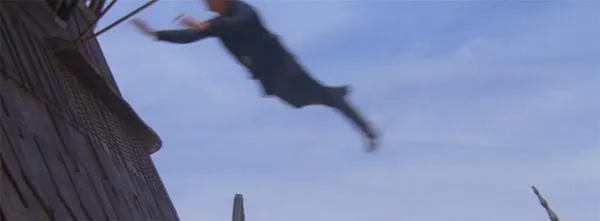 Luke effectuant un saut de Force pour rejoindre la barge de Jabba