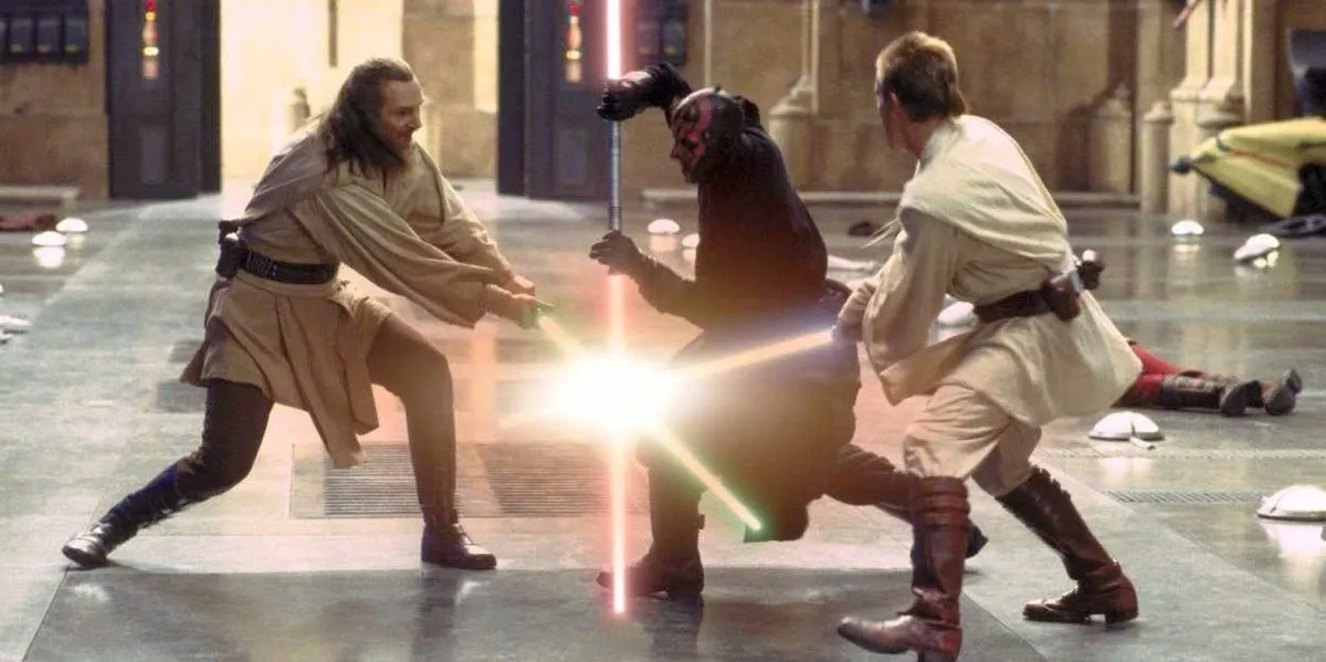 Darth Maul affronte les Jedi Qui-Gon Jinn et Obi-Wan Kenobi durant le Blocus de Naboo