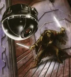 Un Jedi face à un Droïde d'Interrogation BL-39.