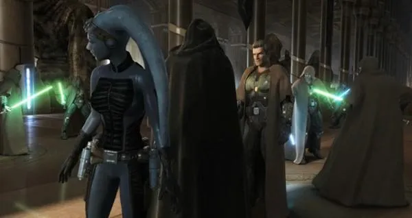 Eleena et Malgus au Temple Jedi peu avant la bataille rangée.