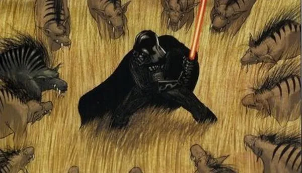 Le Seigneur Noir Darth Vader encerclé par une meute de Hyenax.