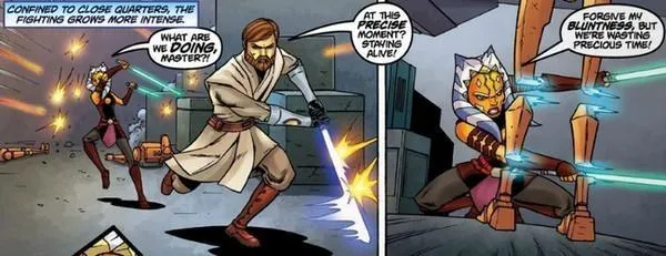 Ahsoka Tano et Obi-Wan Kenobi affrontent des droïdes dans la cale du Twilight. 