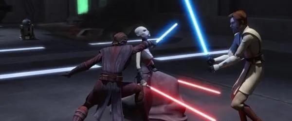 Ventress face à Skywalker et Kenobi.