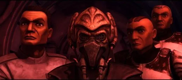Le Commandant Wolffe, Plo Koon, Boost et le Sergent Sinker.