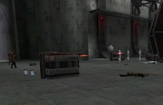 Echange de tirs entre les impériaux et les prisonniers dans le hangar d'arrimage de la prison d'Artus.