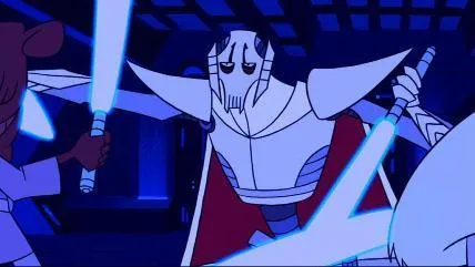 Grievous affronte Foul Moudama et Roron Corobb dans le bunker