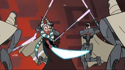 Shaak Ti se bat contre les MagnaGuard de Grievous