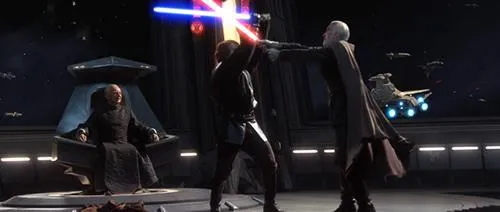 Skywalker s'apprête à vaincre Dooku sur le pont de l'Invisible Hand