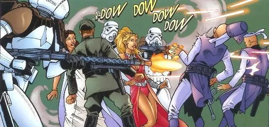 Les Impériaux font feu sur Mia Ikova et ses gardes, sous le regard horrifié de Leia Organa