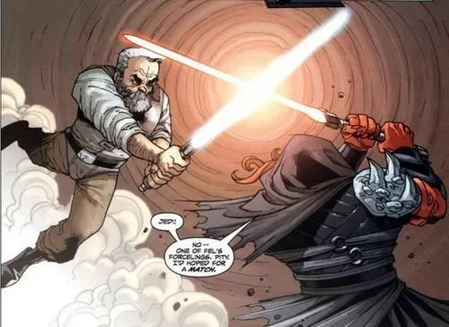 Maître Sinde affronte Darth Azard pour permettre à ses compagnons de fuir. 