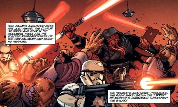 Les Sith et les Stormtroopers assassinent les Mon Cals sous les yeux des caméras holos