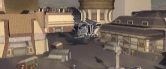 L'Exilee Jedi se pose sur la place des marchands d'Iziz avec le Basilisk