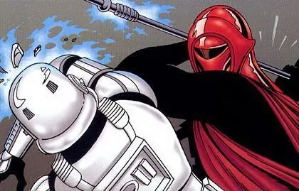 Un Garde Impérial fait montre de sa supériorité à un Stormtrooper