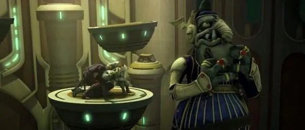 Savage Opress étrangle le Roi Toydarien Katuunko. 