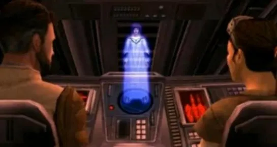 Mon Mothma faisant écouter le message décodé aux deux mercenaires.