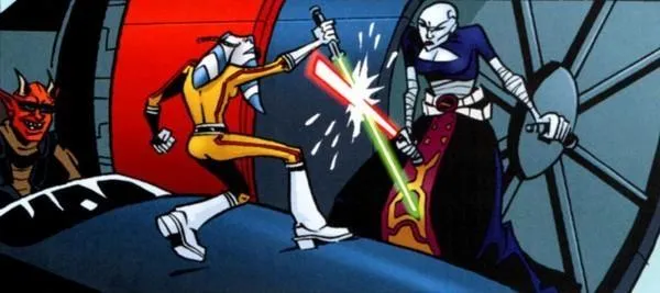 Duel entre Tano et Ventress sur le Pod de Maxus.