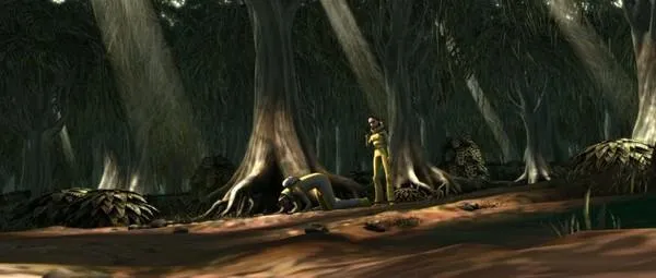 Binks et Amidala explorent les marécages. 