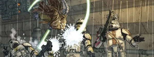 Le Maître Jedi Tsui Choi élimine des Stormtroopers lancés à sa poursuite. 