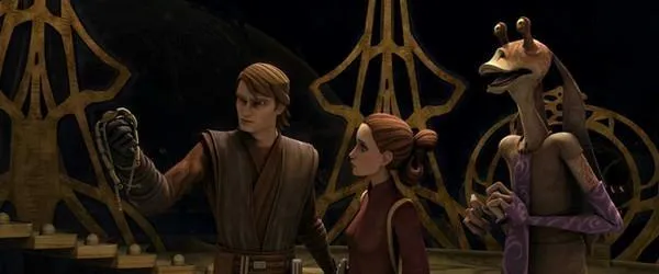 Skywalker, Amidala et Binks découvrent le pouvoir du collier.