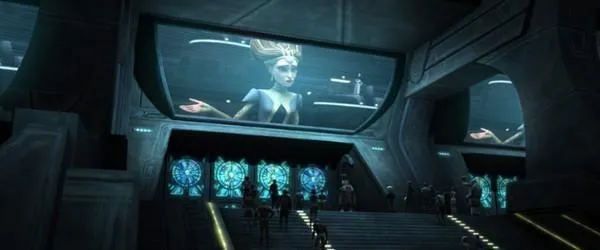 Retransmission du discours d'opposition de Padmé Amidala. 