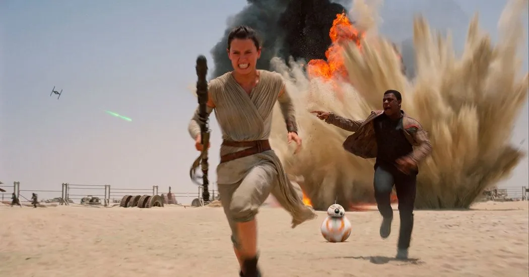 Finn et Rey fuyant l'Avant-post de Niima