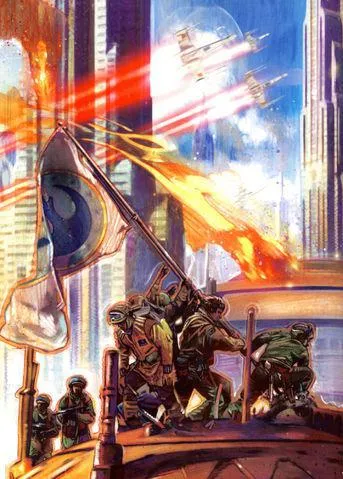 Soldats plantant le drapeau de la Nouvelle République sur Coruscant