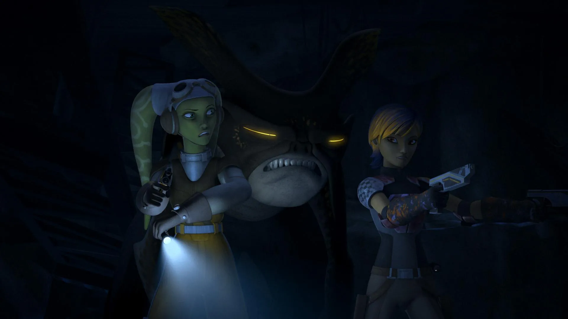 Hera Syndulla et Sabine Wren face à la menace Fyrnock