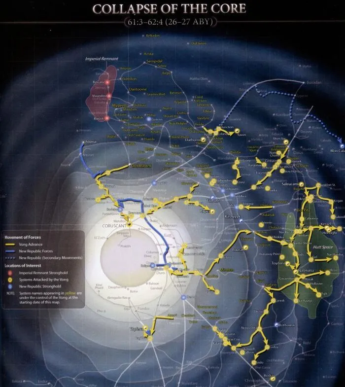 Carte des opérations jusqu'à la prise de Coruscant et la bataille de Borleias