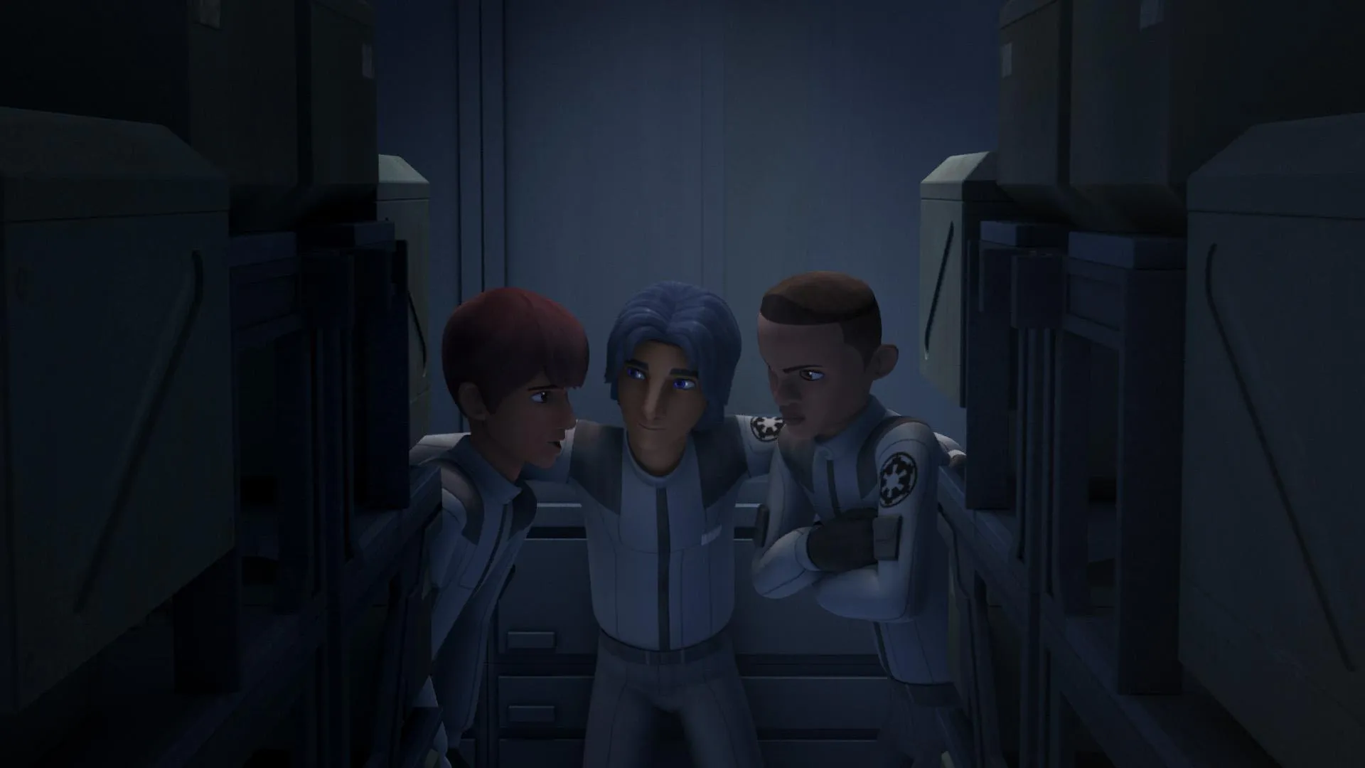 Jai Kell, Ezra Bridger et Zare Leonis établissant leur plan de sortie