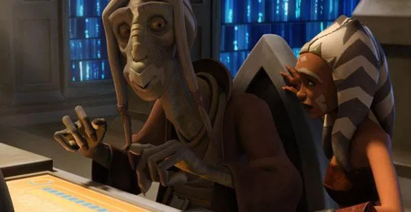 L'Investigateur Tera Sinube et la Padawan Ahsoka Tano. 