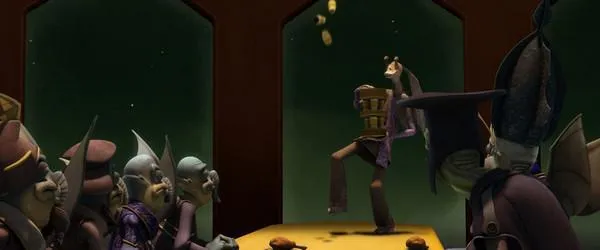 Le Représentant Binks s'apprêtant à faire une démonstration de ses talents de jongleur.
