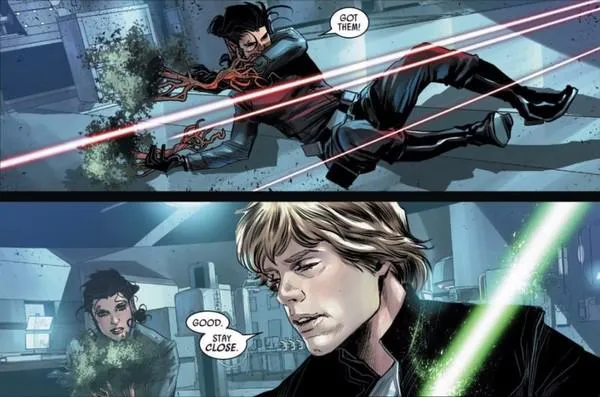 Shara Bey et Luke Skywalker au sein de la Base Impériale de Vetine. 