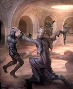 Darth Plagueis se débarasse des assassins dans la salle du Cercle Oblique