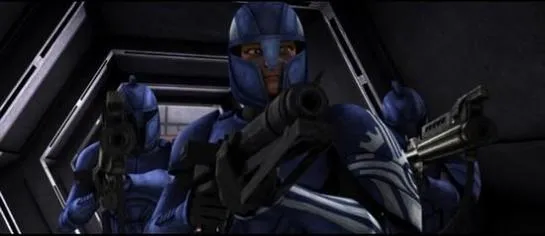 Le Capitaine Argyus entouré par deux Commandos du Sénat. 