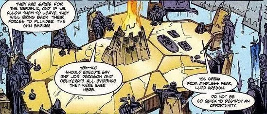 Le Conseil Sith discute de l'arrivée de Gav et Jori Daragon