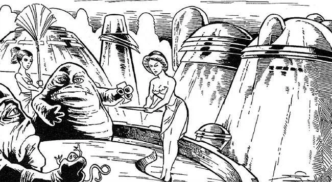Un Seigneur du crime Hutt entouré de ses servantes esclaves