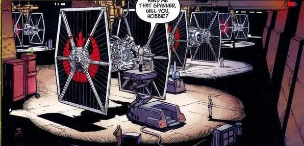 Les Chasseurs TIE des Evadés de l'Ecliptic stationnés sur Yavin IV.