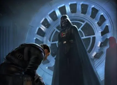Un Garde Impérial dans l'ombre de Vader alors qu'il reçoit son Apprenti Secret