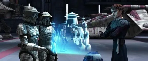 Un commandant et un lieutenant de la Force de Reconnaissance Avancée face à Anakin Skywalker. 