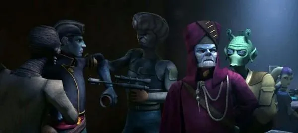 Brainee pointe son blaster sur la poitrine du fils du Baron Papanoida, Ion. 